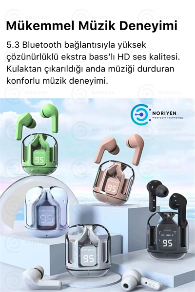 Pembe renkli, suya dayanıklı ve aktif gürültü önlemeli kablosuz kulaklık. Mikrofon özelliği bulunur.