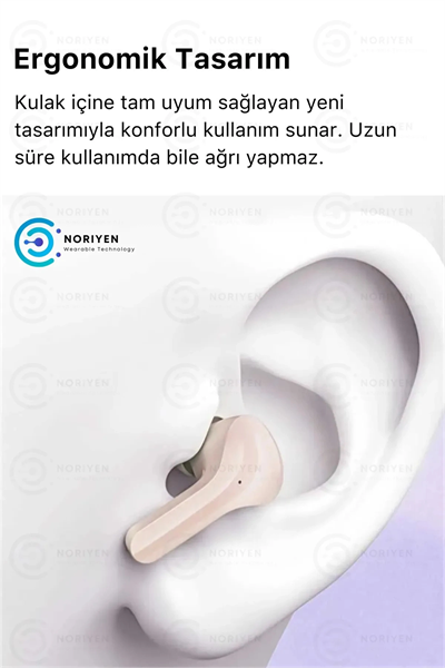 Pembe renkli, suya dayanıklı ve aktif gürültü önlemeli kablosuz kulaklık. Mikrofon özelliği bulunur.