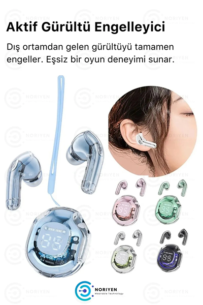 Pembe renkli, suya dayanıklı ve aktif gürültü önlemeli kablosuz kulaklık. Mikrofon özelliği bulunur.