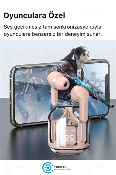 Pembe renkli, suya dayanıklı ve aktif gürültü önlemeli kablosuz kulaklık. Mikrofon özelliği bulunur.
