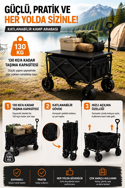 Piknik Kamp Arabası Masalı Geniş Tekerlekli Taşıma ve Yük Arabası 130 Kg