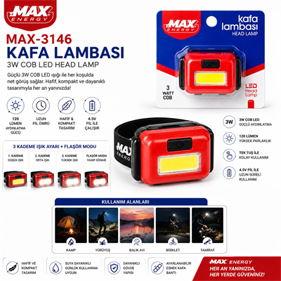 Pilli 3w Cob Led Kafa Lambası Fener 3-kademe Işık Ayarı- Flaşör 4.5v 120lümen Bx40