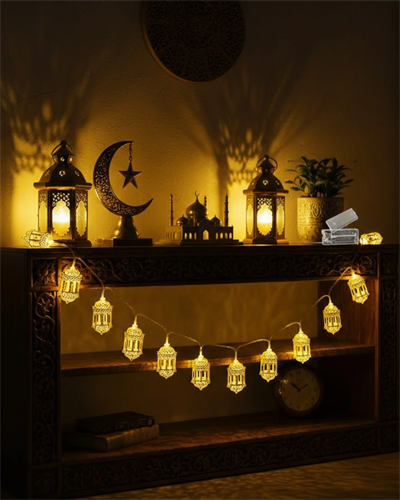 Pilli Altın Fenerli Ramazan Işıkları Dekoratif LED Zincir