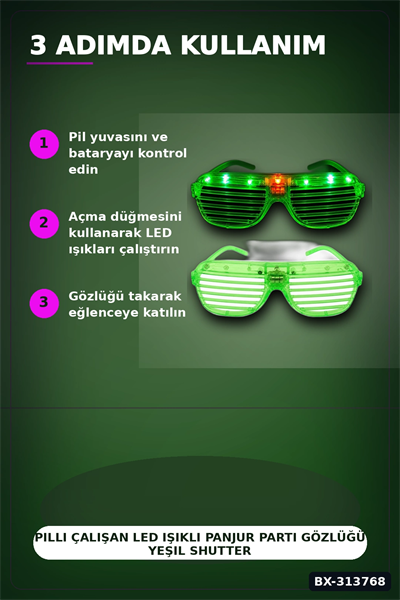 Pilli Çalışan Led Işıklı Panjur Parti Gözlüğü Yeşil Shutter Model 1 Adet BX-313768