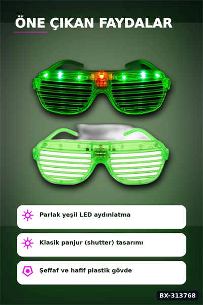 Pilli Çalışan Led Işıklı Panjur Parti Gözlüğü Yeşil Shutter Model 1 Adet BX-313768