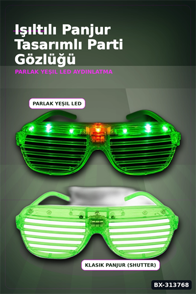 Pilli Çalışan Led Işıklı Panjur Parti Gözlüğü Yeşil Shutter Model 1 Adet BX-313768