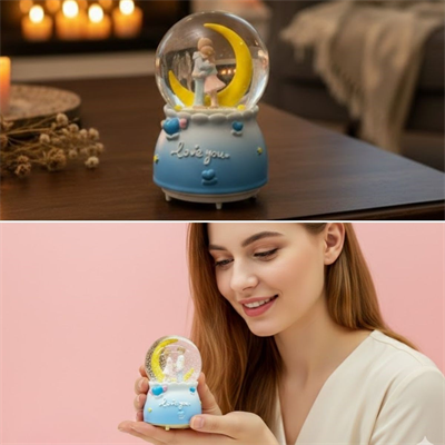 Pilli Işıklı Müzikli Kar Küresi–Hilal Ay Figürlü Romantik Masaüstü Biblo, LED Aydınlatmalı Dekoratif Hediyelik Kar Küresi