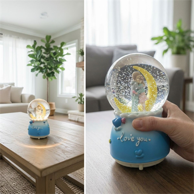 Pilli Işıklı Müzikli Kar Küresi–Hilal Ay Figürlü Romantik Masaüstü Biblo, LED Aydınlatmalı Dekoratif Hediyelik Kar Küresi