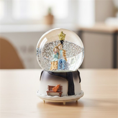 Pilli Işıklı Müzikli Kar Küresi–Kış Masalı Bankta Sevgili Figürlü Eğlenceli Masaüstü Biblo, LED Aydınlatmalı Dekoratif Hediyelik Kar Küresi