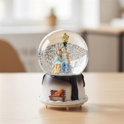 Pilli Işıklı Müzikli Kar Küresi–Kış Masalı Bankta Sevgili Figürlü Eğlenceli Masaüstü Biblo, LED Aydınlatmalı Dekoratif Hediyelik Kar Küresi (3936)