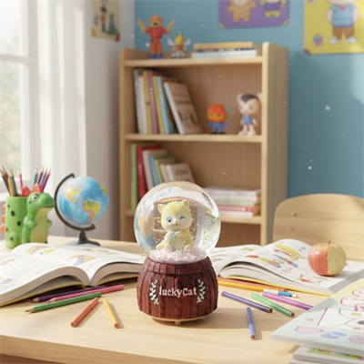 Pilli Işıklı Müzikli Kar Küresi–Şanslı Kedi Figürlü Eğlenceli Masaüstü Biblo, LED Aydınlatmalı Dekoratif Hediyelik Kar Küresi