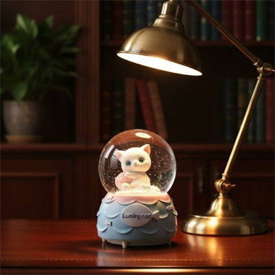Pilli Işıklı Müzikli Kar Küresi–Şanslı Toplu Kedi Figürlü Eğlenceli Masaüstü Biblo, LED Aydınlatmalı Dekoratif Hediyelik Kar Küresi