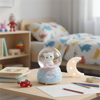Pilli Işıklı Müzikli Kar Küresi–Şanslı Toplu Kedi Figürlü Eğlenceli Masaüstü Biblo, LED Aydınlatmalı Dekoratif Hediyelik Kar Küresi