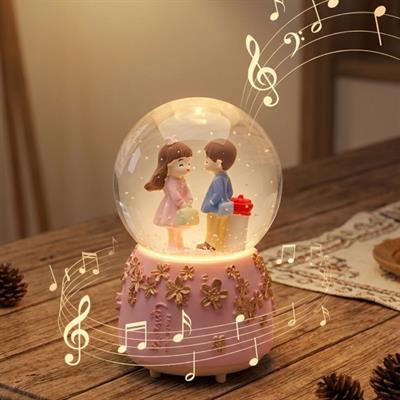 Pilli Işıklı Müzikli Kar Küresi–Sevgili Çiçek Detay Figürlü Eğlenceli Masaüstü Biblo, LED Aydınlatmalı Dekoratif Hediyelik Kar Küresi (3936)
