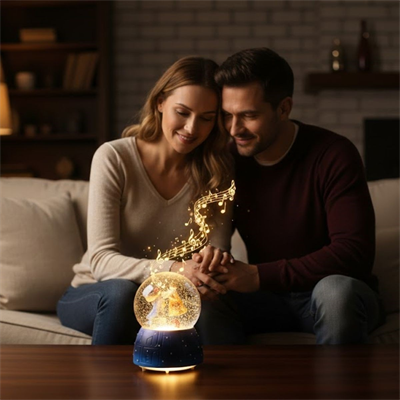 Pilli Işıklı Müzikli Kar Küresi–Valizli Sevgili Çift Figürlü Eğlenceli Masaüstü Biblo, LED Aydınlatmalı Dekoratif Hediyelik Kar Küresi