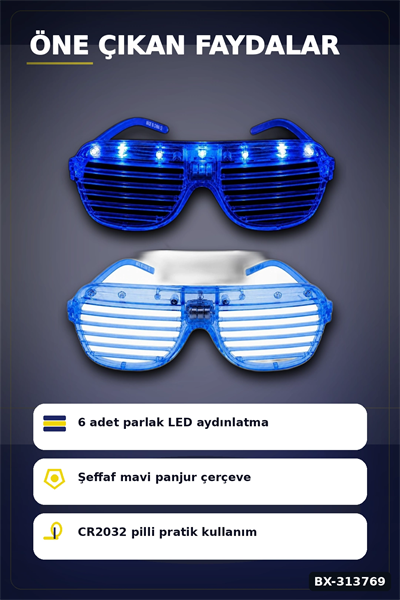 Pilli Led Işıklı Shutter Panjur Parti Gözlüğü 1 Adet Yetişkin Çocuk Aksesuarı BX-313769