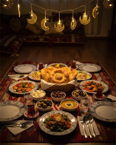 Pilli Minareli Hilal LED Işık Gold Metal Ramazan Dekorasyonu