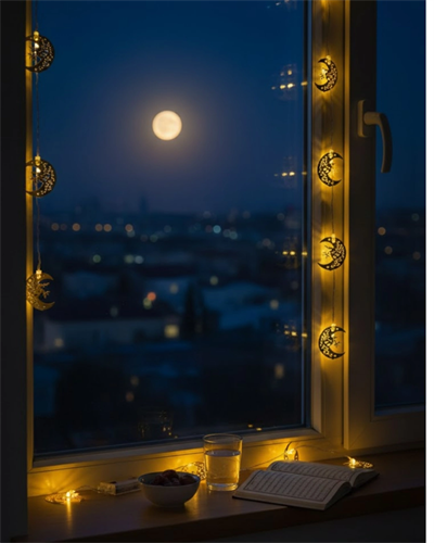 Pilli Minareli Hilal LED Işık Gold Metal Ramazan Dekorasyonu