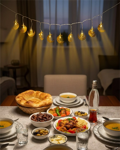 Pilli Minareli Hilal LED Işık Gold Metal Ramazan Dekorasyonu
