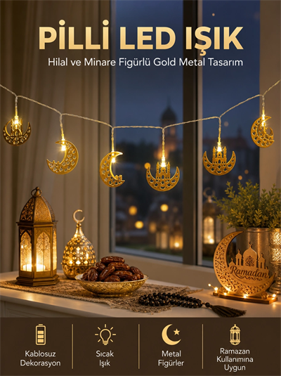 Pilli Minareli Hilal LED Işık Gold Metal Ramazan Dekorasyonu