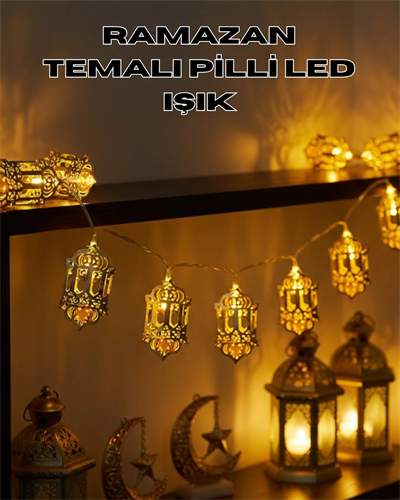 Pilli Ramazan Işıkları Altın Renk Fener Figürlü LED Süsleme