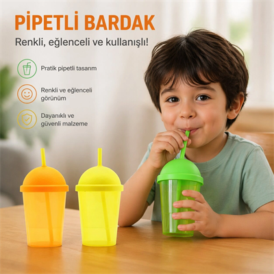 Pipetli Bardak - 450 ml - Şeffaf Renkli - Plastik