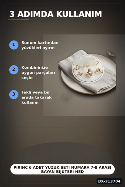 Pirinc 6 Adet Yuzuk Seti Numara 7-8 Arasi Bayan Bijuteri Hediyelik Ton BX-313704