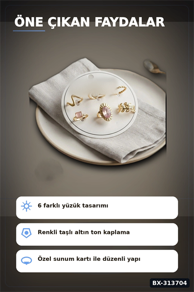 Pirinc 6 Adet Yuzuk Seti Numara 7-8 Arasi Bayan Bijuteri Hediyelik Ton BX-313704