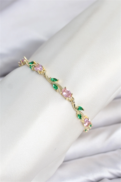 Pirinç Gold Renk Pembe Zirkon Taşlı Çiçek Model Kadın Bileklik