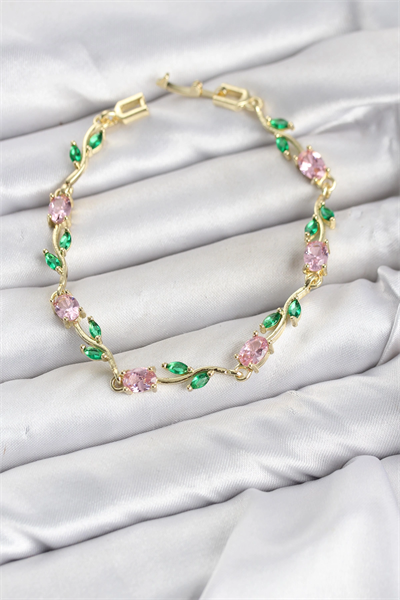Pirinç Gold Renk Pembe Zirkon Taşlı Çiçek Model Kadın Bileklik