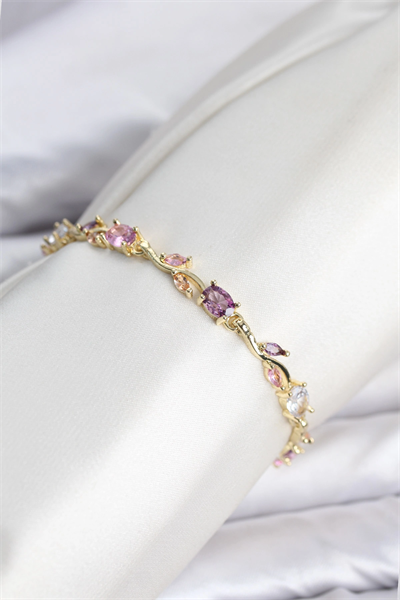 Pirinç Gold Renk Pembe ve Mor Zirkon Taşlı Çiçek Model Kadın Bileklik