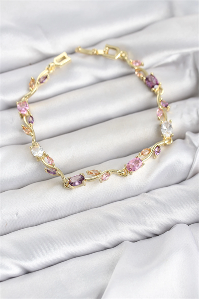 Pirinç Gold Renk Pembe ve Mor Zirkon Taşlı Çiçek Model Kadın Bileklik