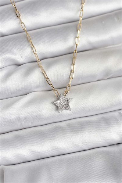 Pirinç Gold Renk Zincirli Zirkon Taşlı Minimal Yıldız Model Kadın Kolye