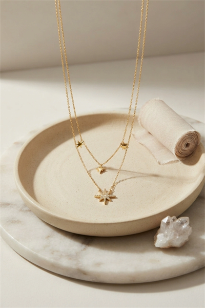 Pirinç Gold Renk Zirkon Taşlı Kutup Yıldızı Model 2li Kadın Kolye