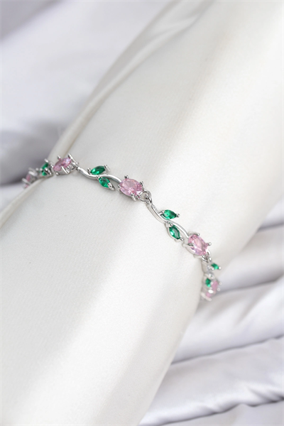 Pirinç Gümüş Renk Pembe Zirkon Taşlı Çiçek Model Kadın Bileklik