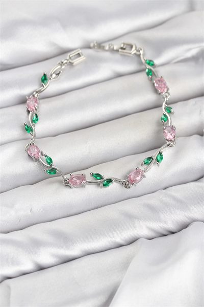 Pirinç Gümüş Renk Pembe Zirkon Taşlı Çiçek Model Kadın Bileklik