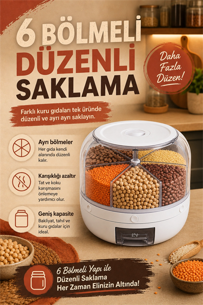 Pirinç Mercimek Makarna İçin 6 Hazneli Kuru Gıda Saklama Kutusu Dağıtıcı Hazneli