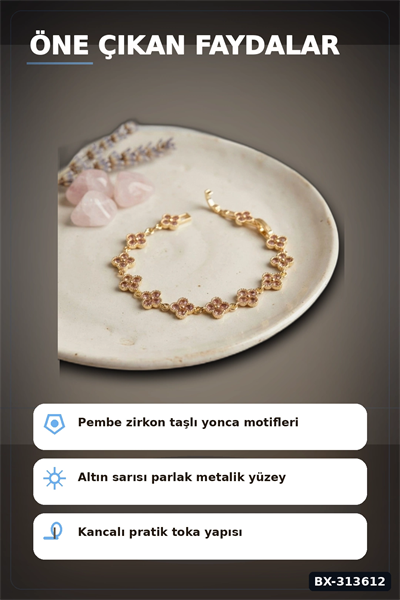 Pirinç Yonca Desenli Zirkon Taşlı Kadın Bileklik - Tekli Paket, Rengi Zarif Aksesuar BX-313612