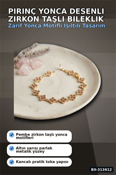 Pirinç Yonca Desenli Zirkon Taşlı Kadın Bileklik - Tekli Paket, Rengi Zarif Aksesuar BX-313612