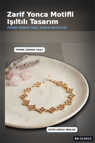 Pirinç Yonca Desenli Zirkon Taşlı Kadın Bileklik - Tekli Paket, Rengi Zarif Aksesuar BX-313612