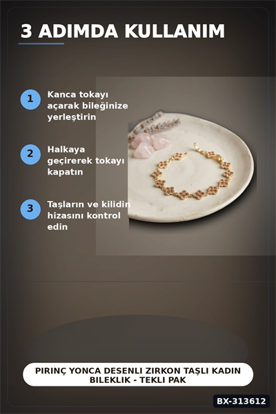 Pirinç Yonca Desenli Zirkon Taşlı Kadın Bileklik - Tekli Paket, Rengi Zarif Aksesuar BX-313612