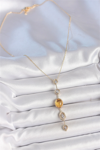 Pirinç Zincir Kehribar Sarı Gold Renk  Zirkon Taşlı Y Kolye