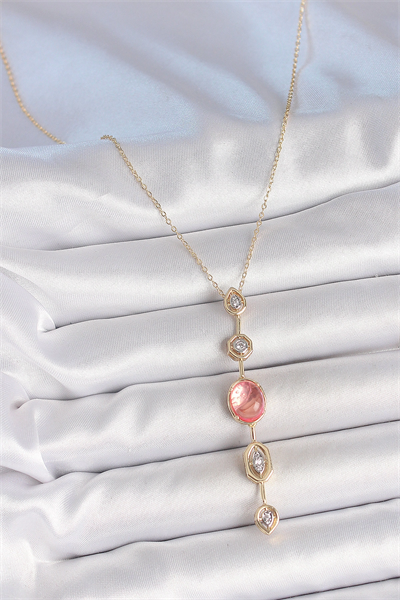 Pirinç Zincir Pembe Gold Renk Zirkon Taşlı Y Kolye