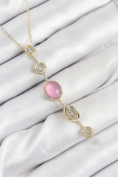 Pirinç Zincir Pembe Gold Renk Zirkon Taşlı Y Kolye