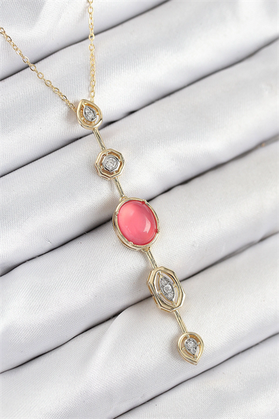Pirinç Zincir Pembe Gold Renk Zirkon Taşlı Y Kolye