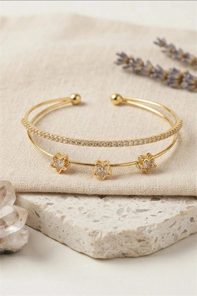 Pirinç Zirkon Taşlı Yıldız Desen Gold Renk Bileklik - 1 Adet Bayan Takı BX-313606