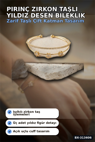 Pirinç Zirkon Taşlı Yıldız Desen Gold Renk Bileklik - 1 Adet Bayan Takı BX-313606