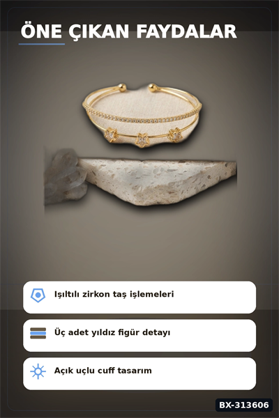 Pirinç Zirkon Taşlı Yıldız Desen Gold Renk Bileklik - 1 Adet Bayan Takı BX-313606