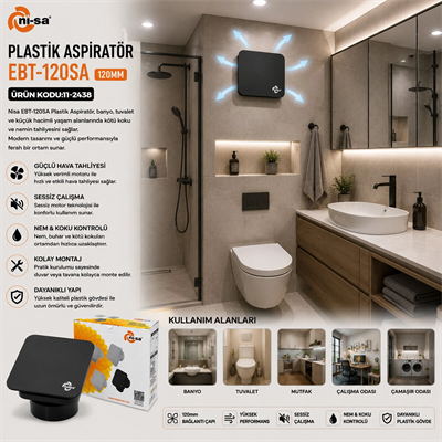 Plastik Aspiratör 120 Antrasit Banyo Tuvalet Havalandırma Aspiratörü 16w 1900rpm 180m3/h Ebt-120sa Bx40