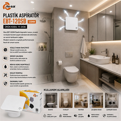 Plastik Aspiratör 120 Beyaz Banyo Tuvalet Havalandırma Aspiratörü 16w 1900rpm 80m3/h Ebt-120sb Bx40